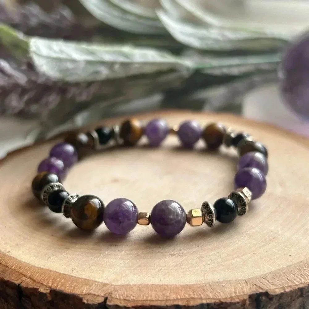 💜Handmade Amethyst + Tigers Eye + Black Obsidian Crystal Bracelet